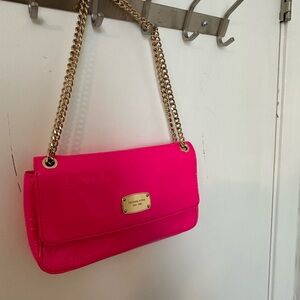 Michael Kors Neon Pink Shoulder Bag with Gold Chain